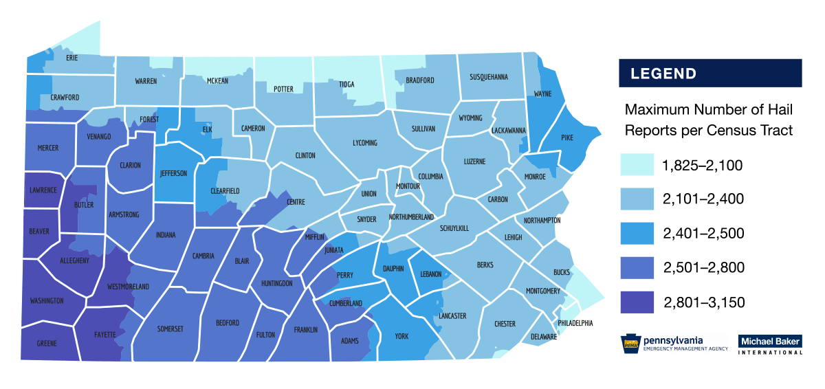Graphic of PA map with overlays showing hail reports