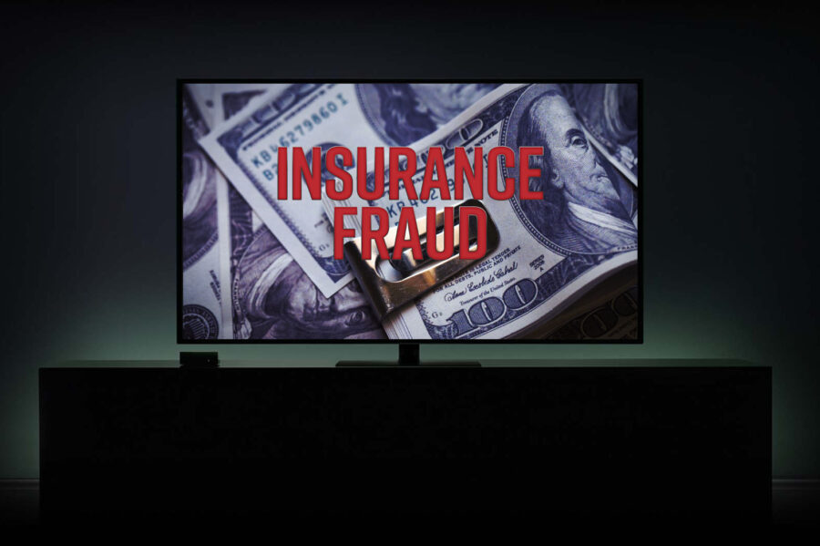 TV showing money with the words Insurance Fraud over it.